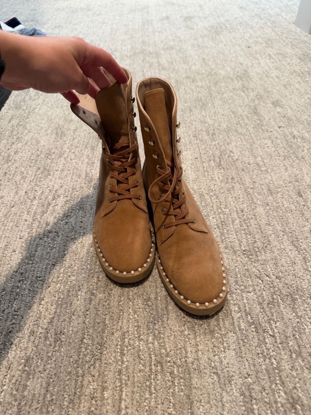 Stuart Weitzman Tan Suede Pearl-Trim Lace-Up Boots